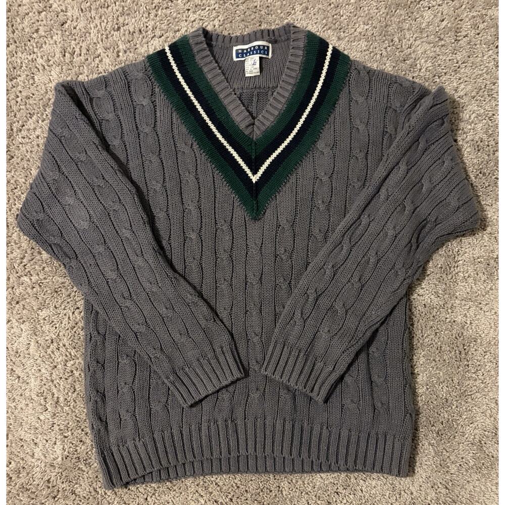 Harbour Classics Gray Cable-Knit V-Neck Pullover Sweater Ramie Cotton Size L
